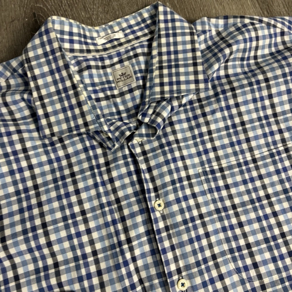 Peter Millar‎ Mens XXL Blue White Gingham Plaid Long Sleeve Button Cotton Shirt